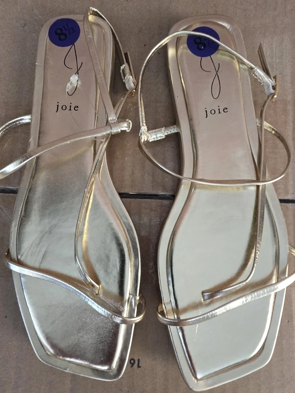 Joie Gold Glory Metallic Strappy Flat Sandals Size 8.5 Minimalist Square Toe - Picture 2 of 6